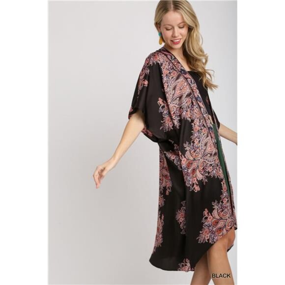 Umgee Satin Border Print Short Sleeve Open Front Kimono - Picture 3 of 4